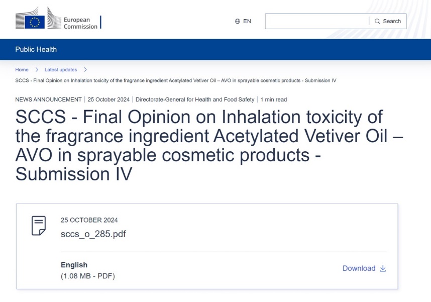 歐盟,SCCS,乙?；鶐r蘭草油,AVO),噴霧,化妝品,毒性