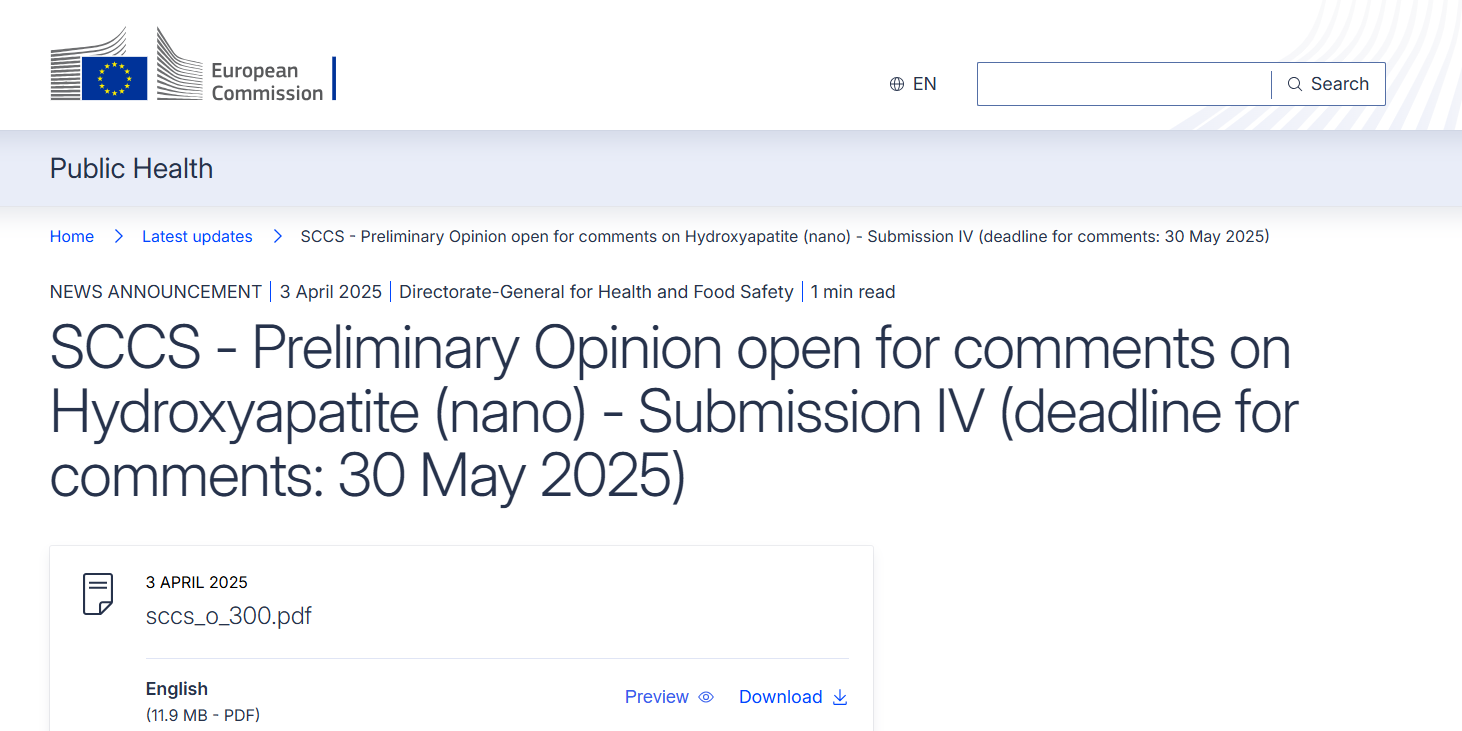 歐盟,SCC,化妝品原料,CAS,羥基磷灰石
